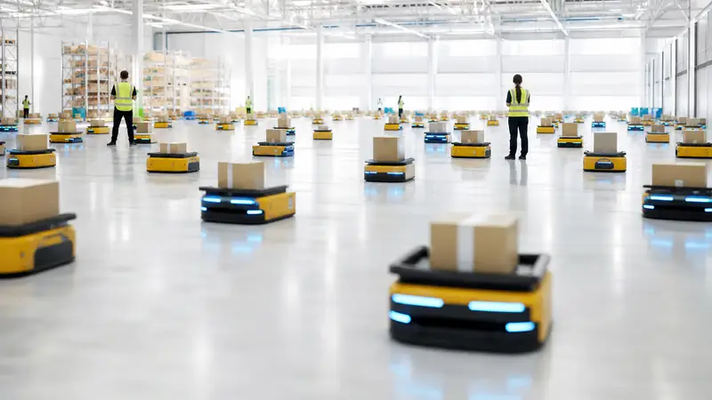 Robots and workers in a bright, high-tech Amazon warehouse