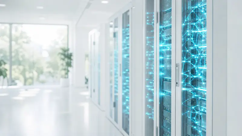 A futuristic server room with cyan-lit racks and AI neural patterns.