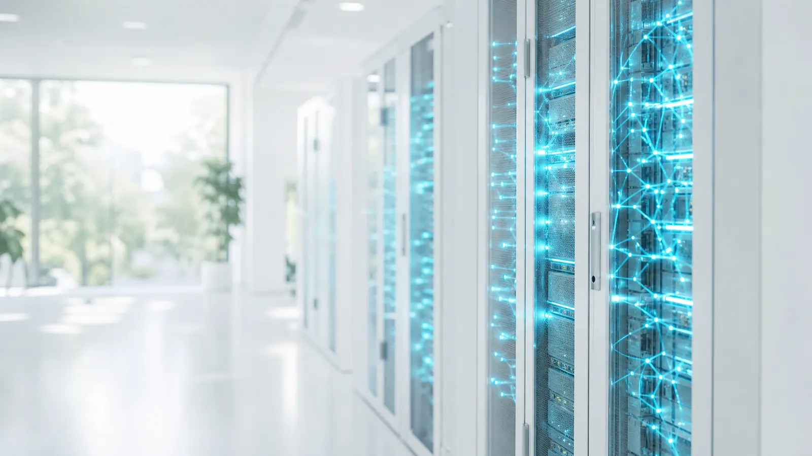A futuristic server room with cyan-lit racks and AI neural patterns.