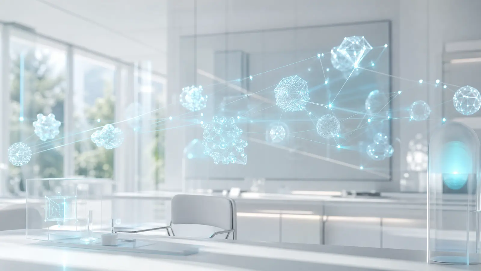 A high-tech workspace with screens showing linked scientific ideas highlighted in cyan.