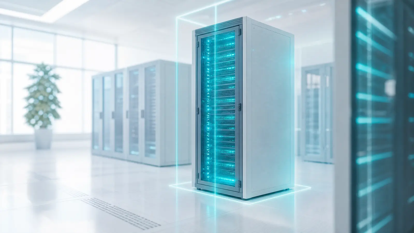 A server rack in a dark room lit with cyan accent lights, separated from others.