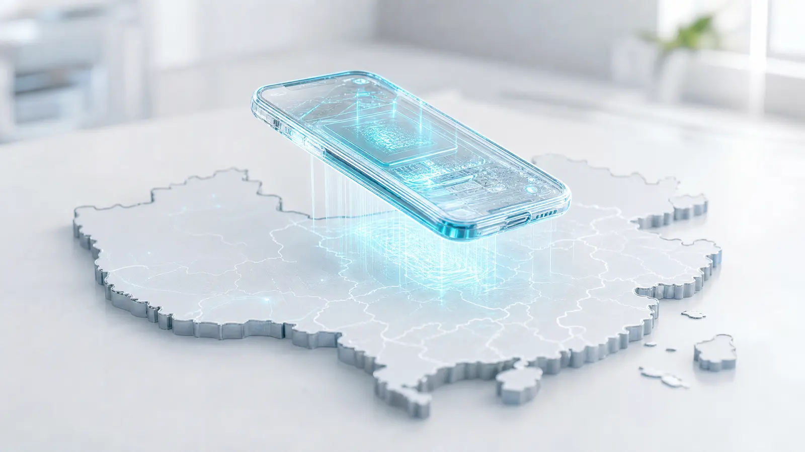 A transparent smartphone with glowing cyan AI patterns floating above a map of China.