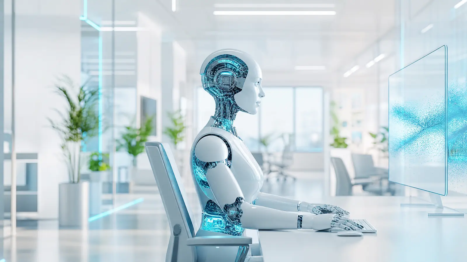A futuristic, brightly lit office with digital screens showing AI project data, accented in cyan.