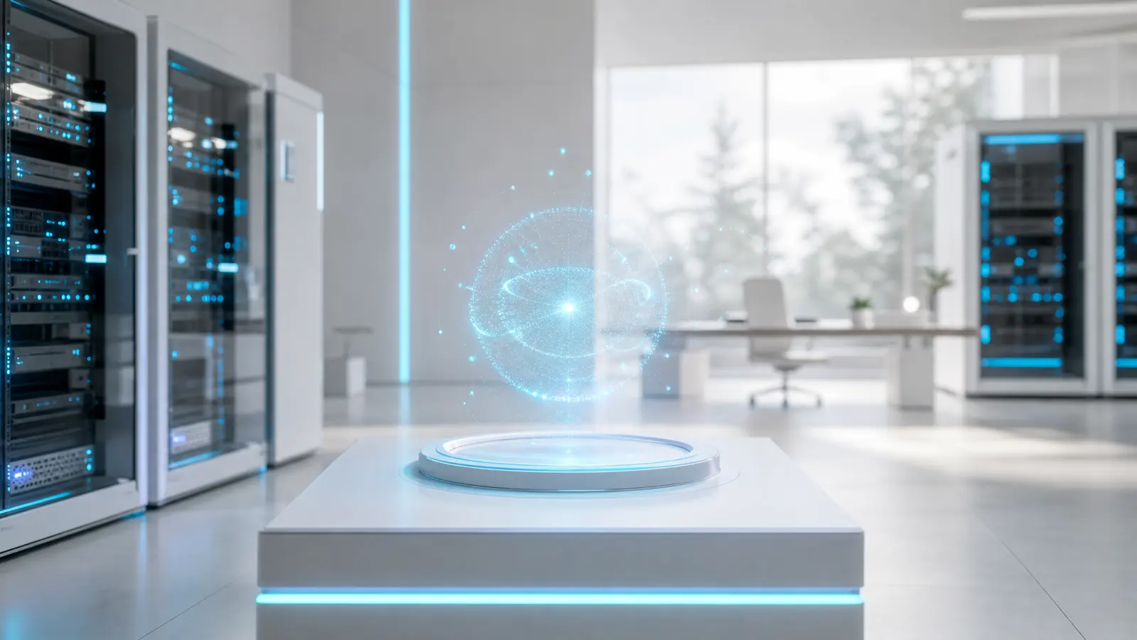 Cinematic AI server room with cyan-lit holographic interface.