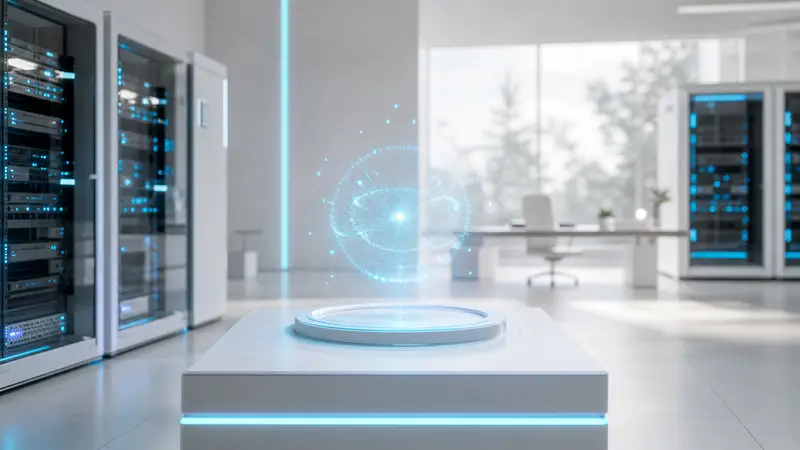 Cinematic AI server room with cyan-lit holographic interface.