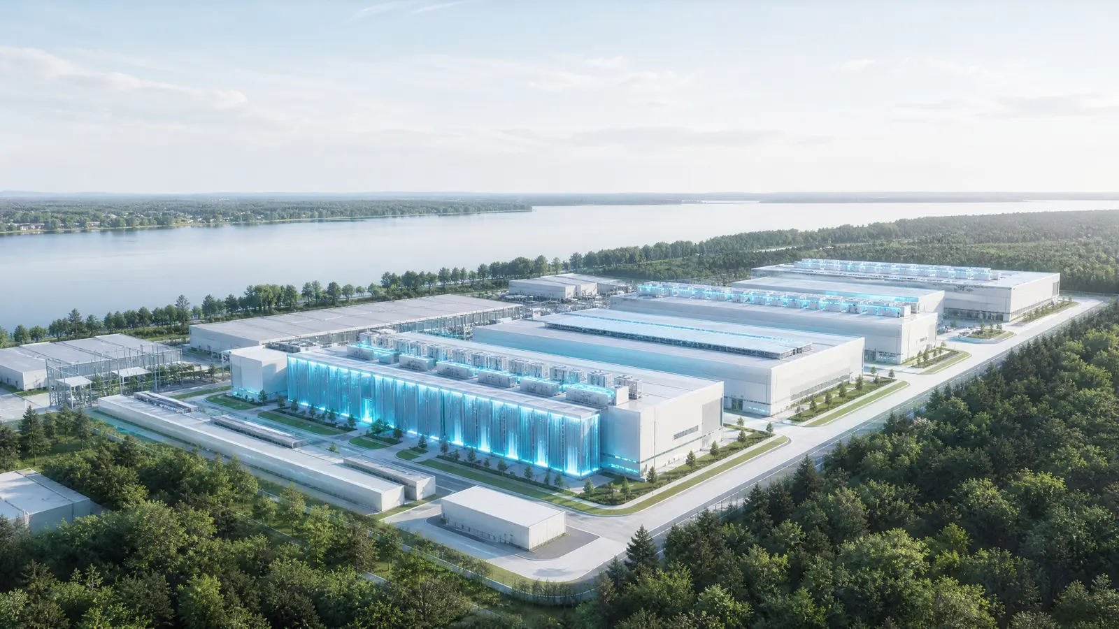 Aerial view of AI data center buildings near forest and water.