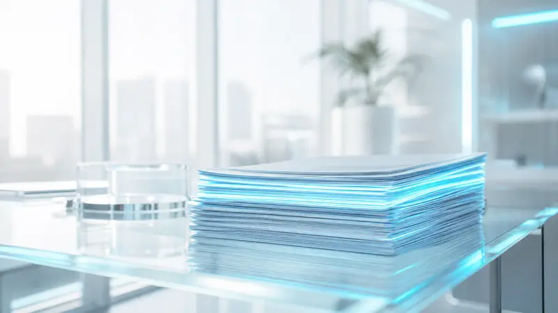 A stack of printed documents on a glass table under bright cyan lighting.
