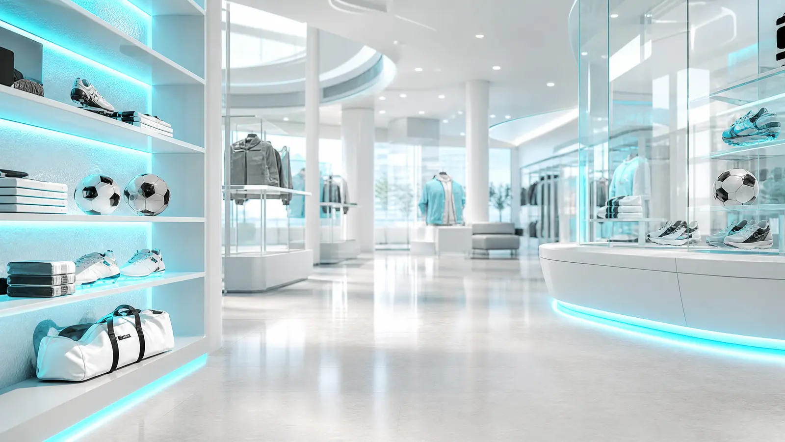 A futuristic sports merchandise store with digital displays and cyan accents.