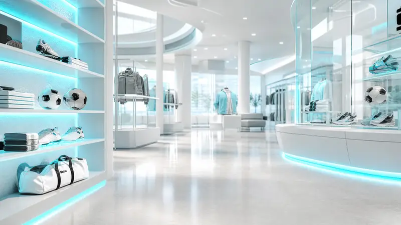 A futuristic sports merchandise store with digital displays and cyan accents.