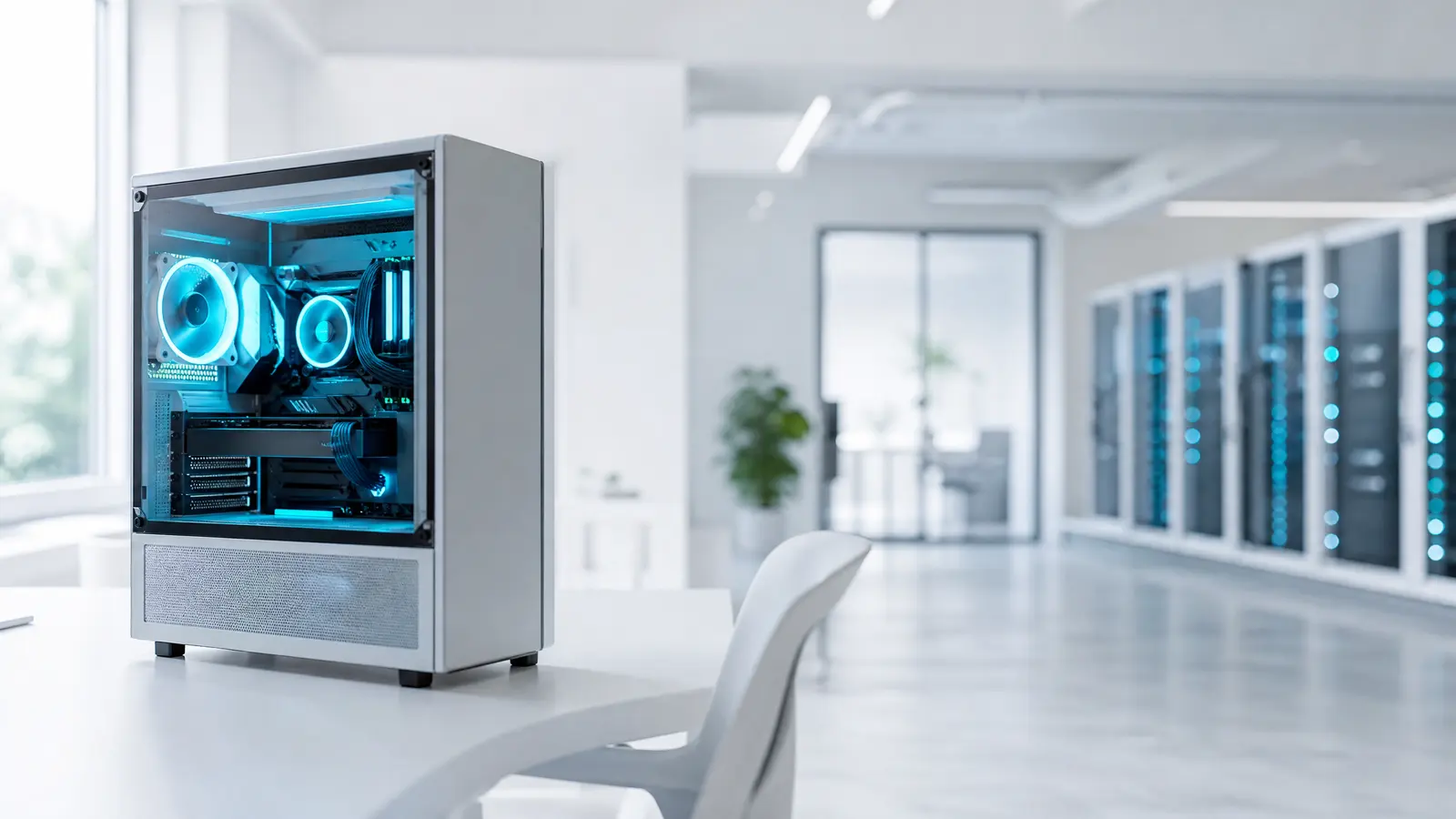 Server room with cyan-lit AI processors and a PC, suggesting private AI use.