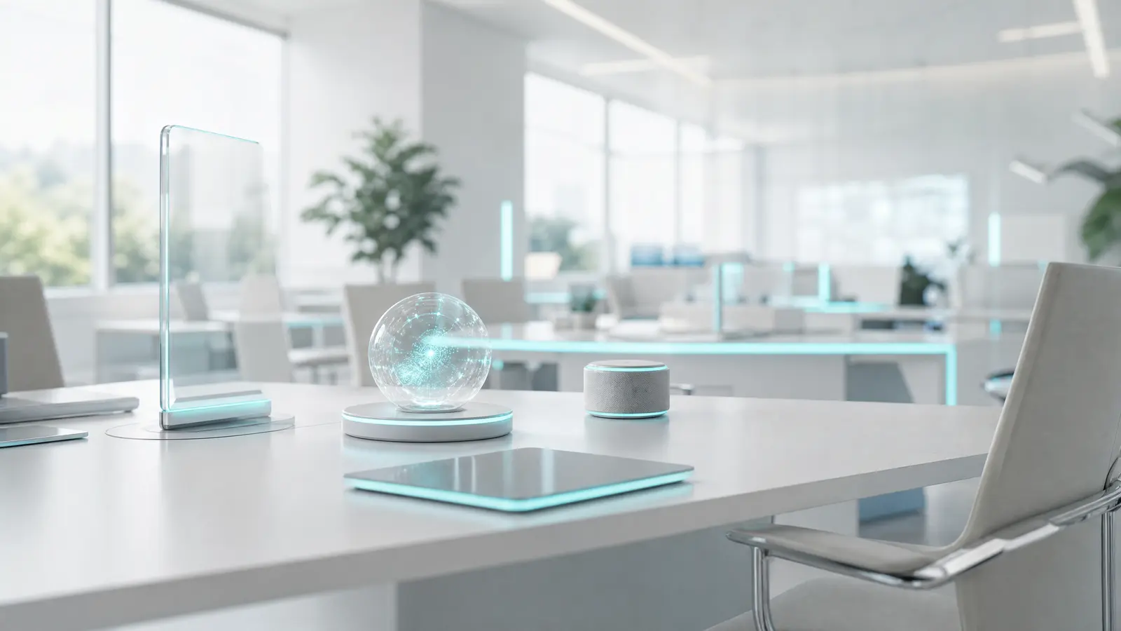 A bright office with AI-powered devices on desks, cyan accents