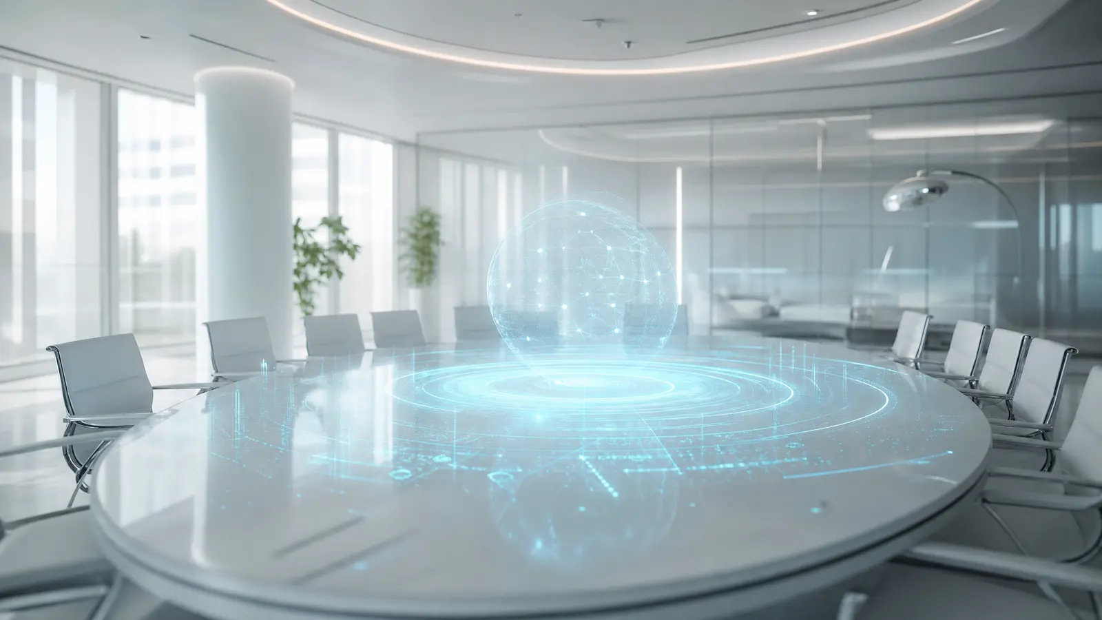 Futuristic conference room with cyan AI interface above the table.