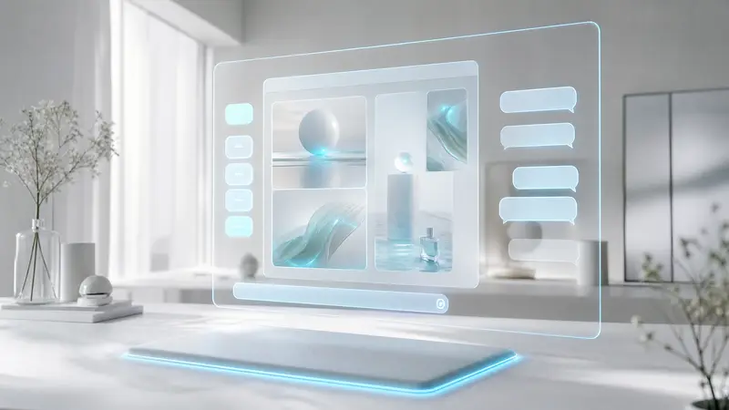 A high-tech workspace with a glowing chat interface displaying AI-generated ads.