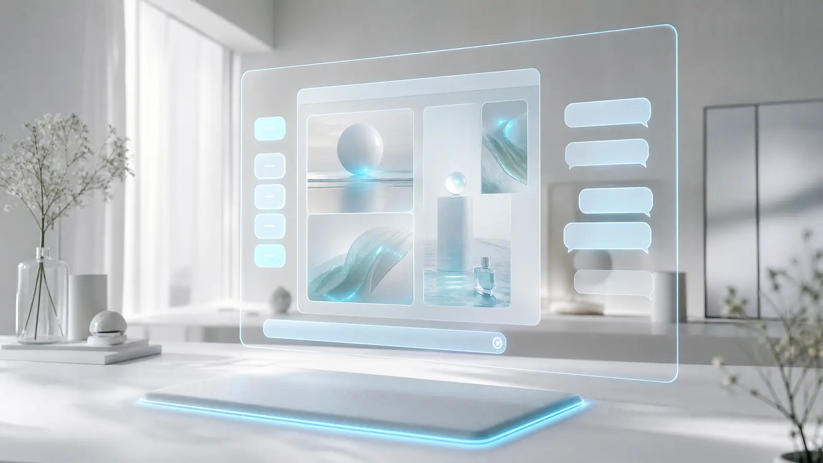 A high-tech workspace with a glowing chat interface displaying AI-generated ads.