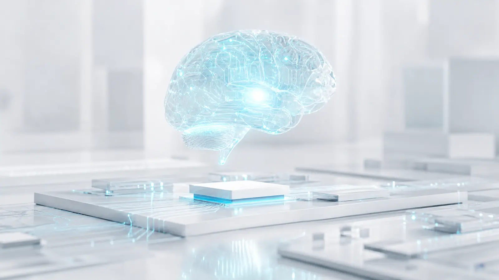 Glowing circuit-brain floating above silicon chips on a bright white background