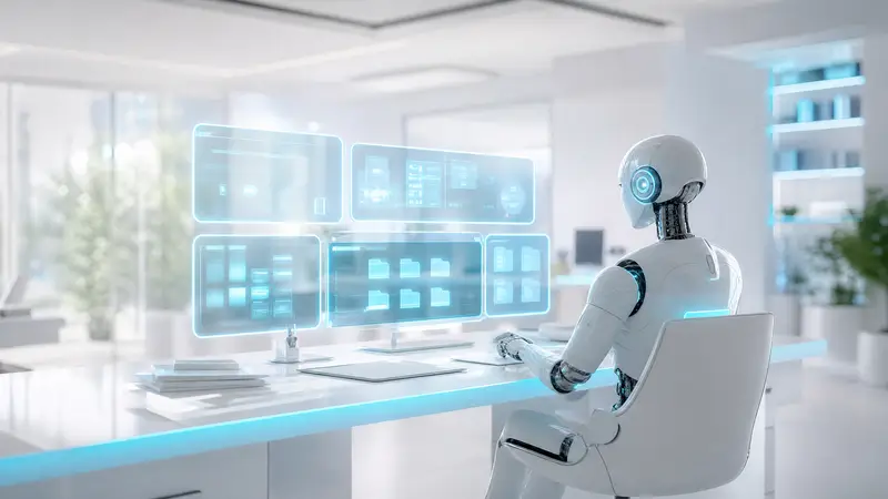 A dark, high-tech office with cyan-lit AI agent interfaces automating business tasks.