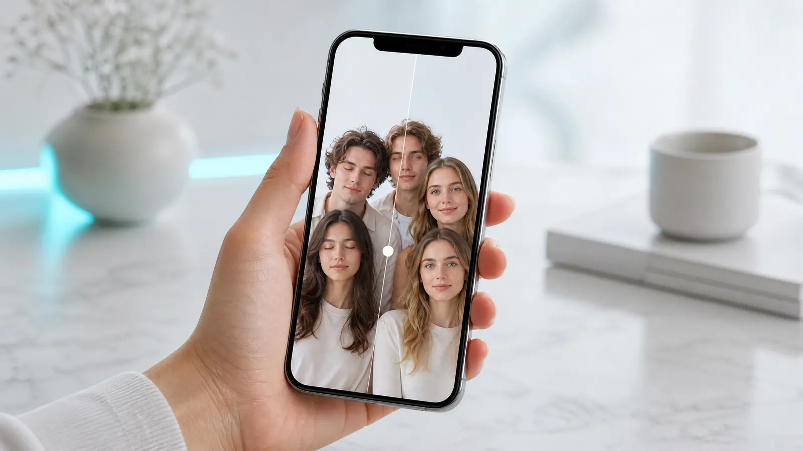 A smartphone editing a group photo with AI-generated open eyes, blue lighting.