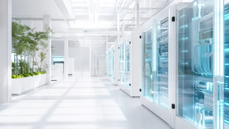 A futuristic server room with glowing cyan lights and transparent cooling systems.
