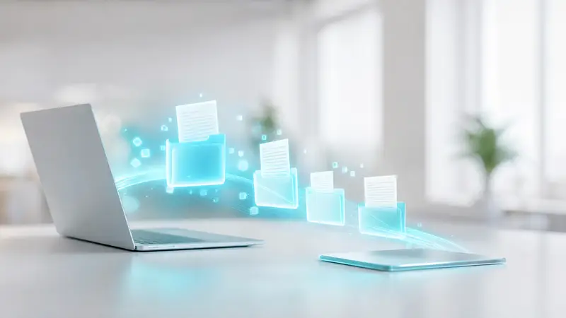 A high-tech office with computer screens and digital files in cyan light.