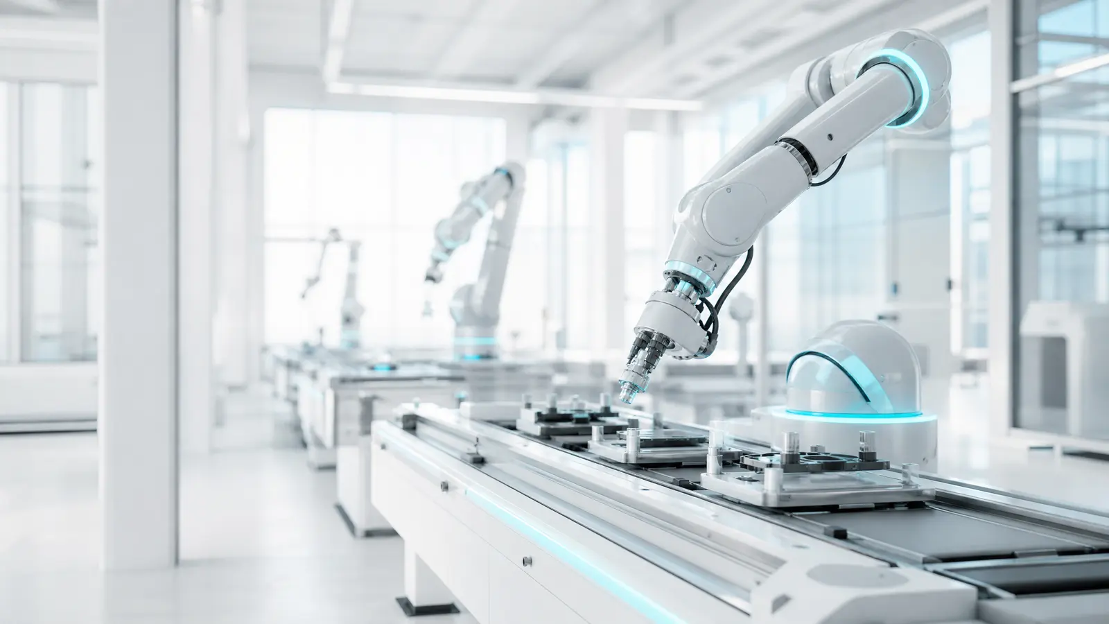A high-tech factory scene with robotic arms and conveyor belts in blue light.
