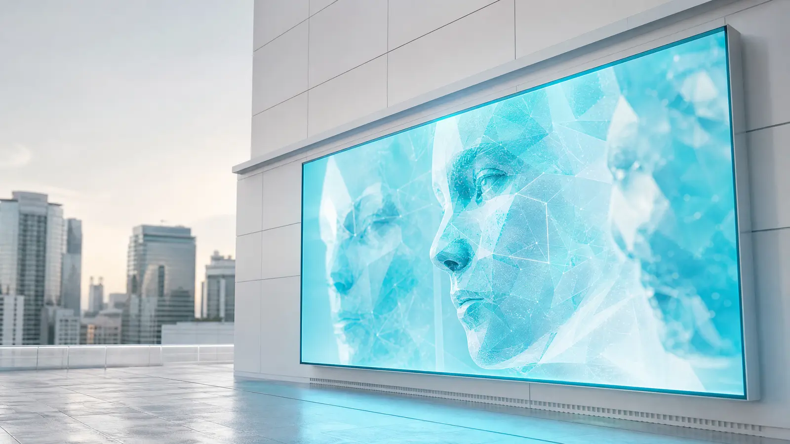 A digital billboard in a city, glowing cyan, with abstract AI-generated faces.