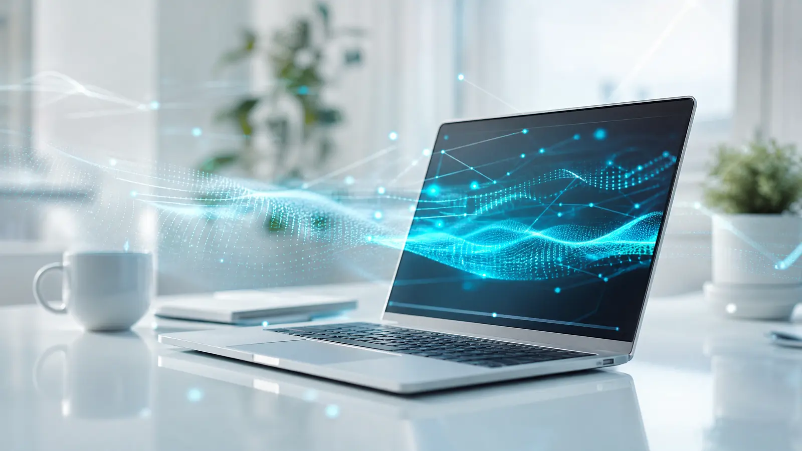 A laptop on a bright desk, open to a coding interface with abstract AI elements.