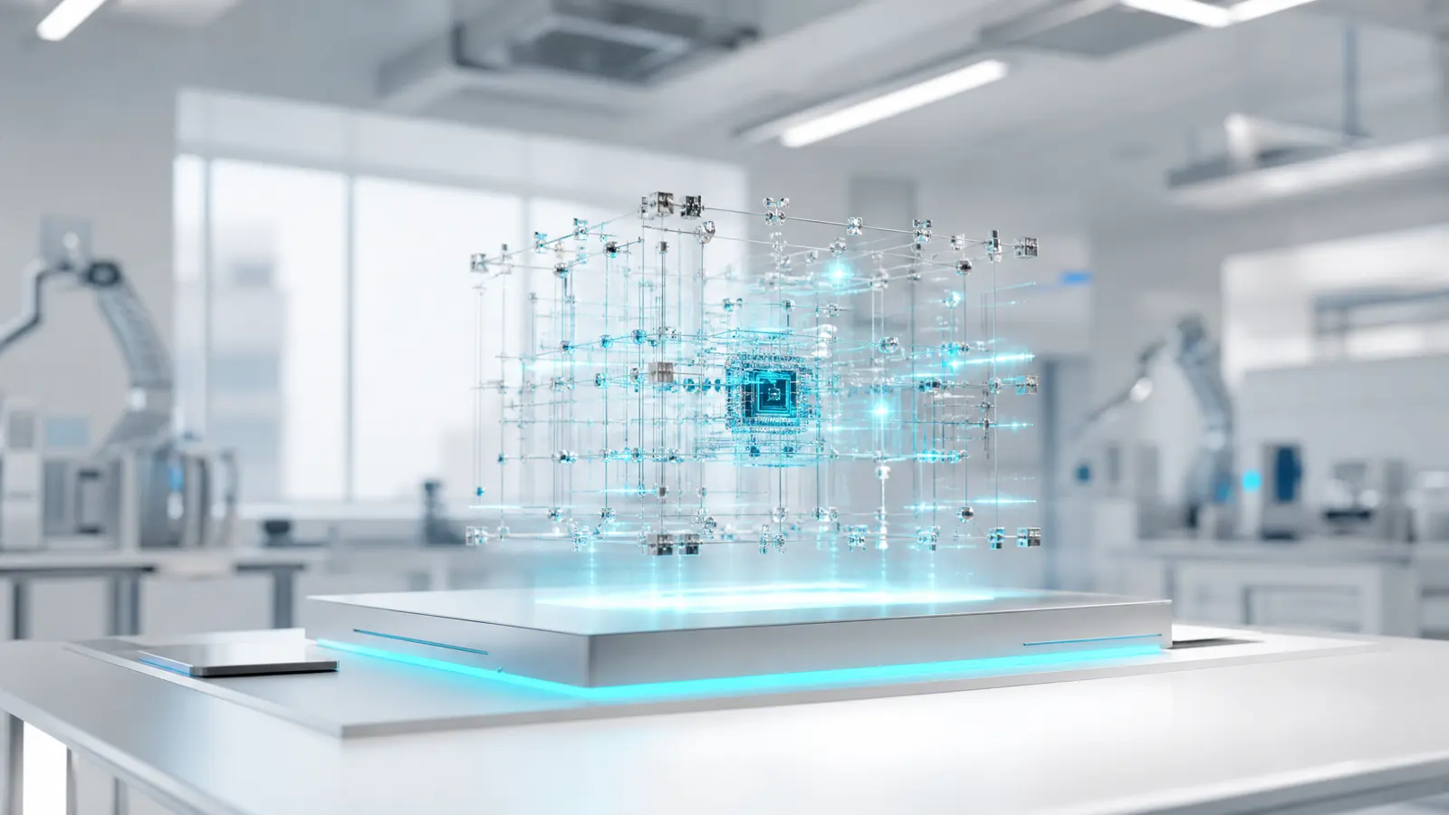 Quantum circuit glowing above a high-tech workstation in a dark lab.