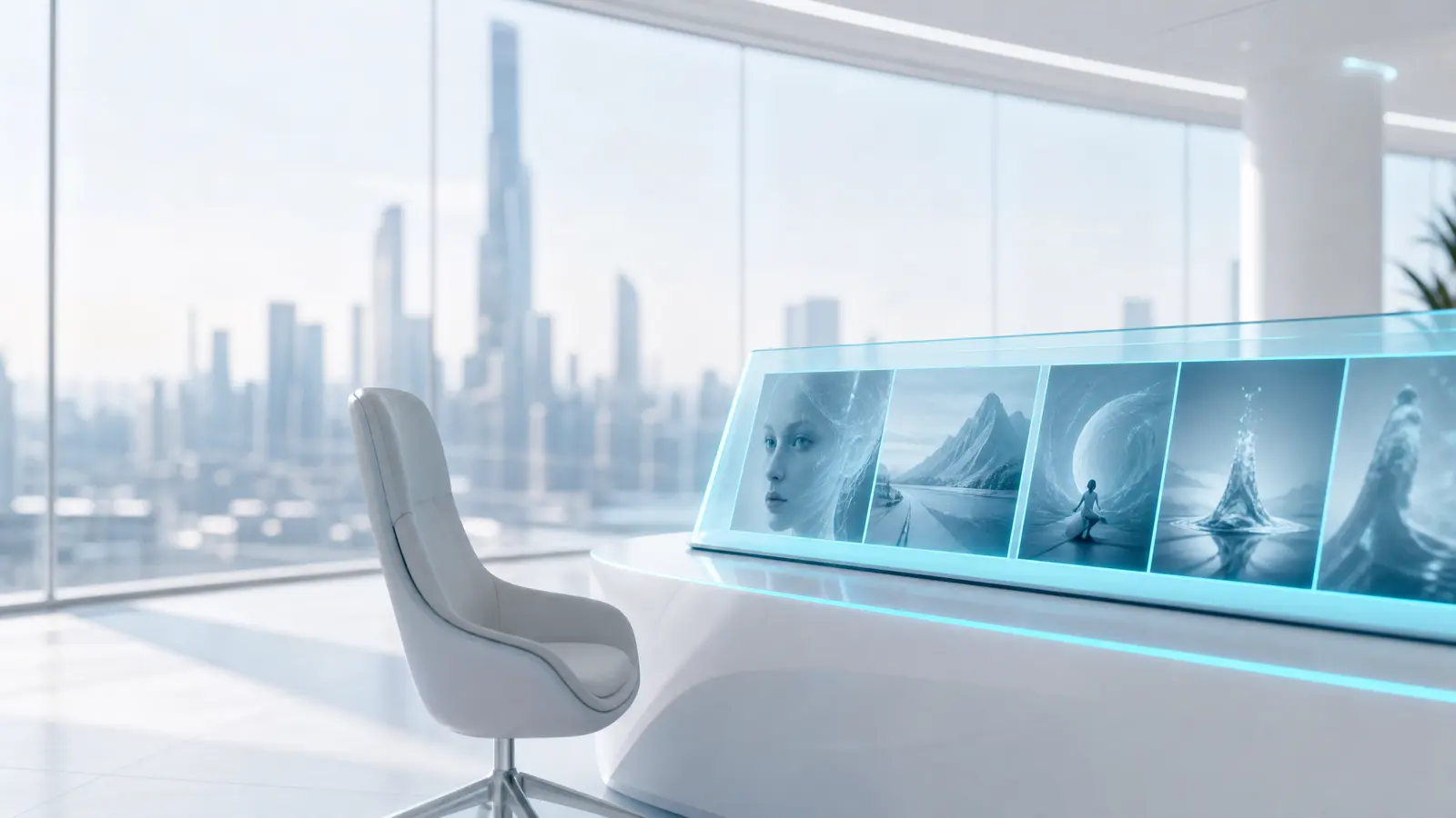 A high-tech control room with cyan-lit screens and a city skyline.