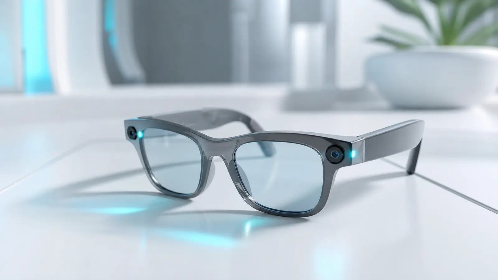 Futuristic Ray-Ban style smart glasses with cyan highlights on a white table.