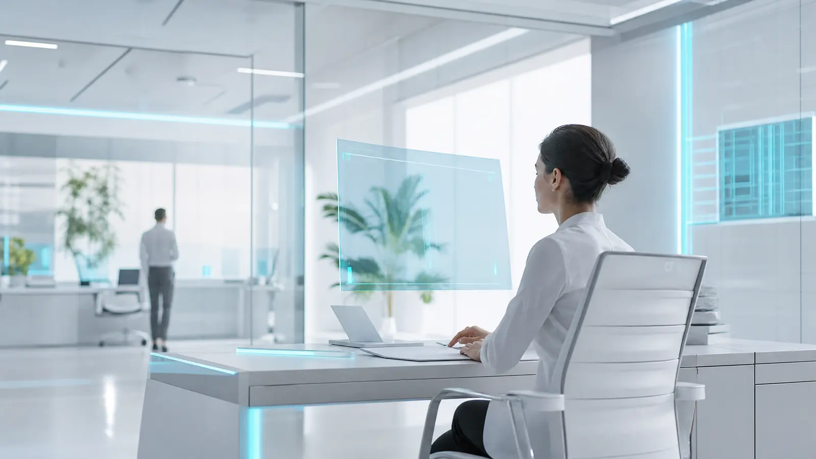 A futuristic government office filled with digital screens and ambient cyan lighting.
