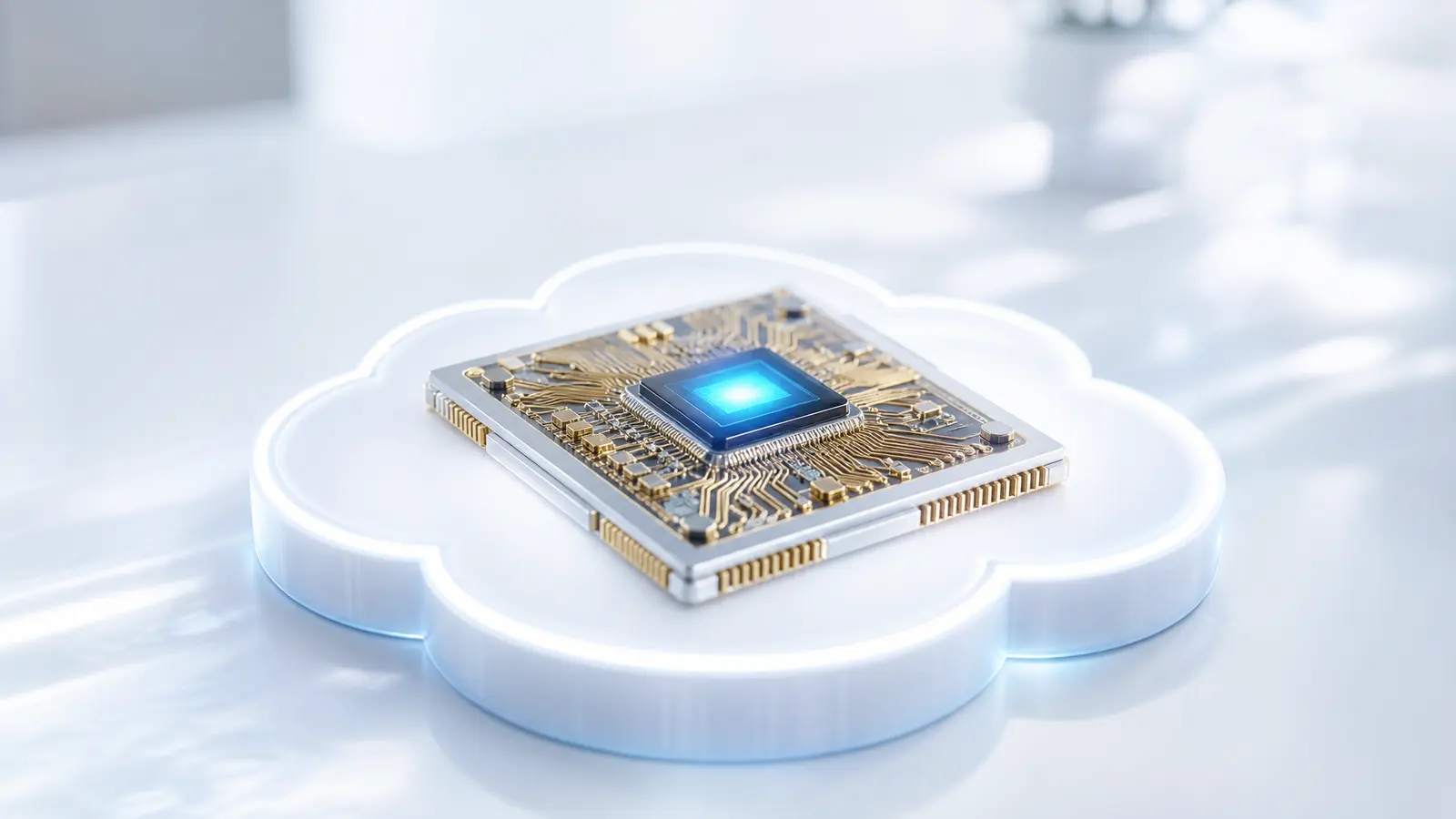 Futuristic AI chip atop glowing cloud pedestal, bathed in bright white light
