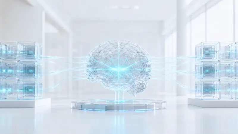 Server room with cyan-lit AI brain model and data streams converging.