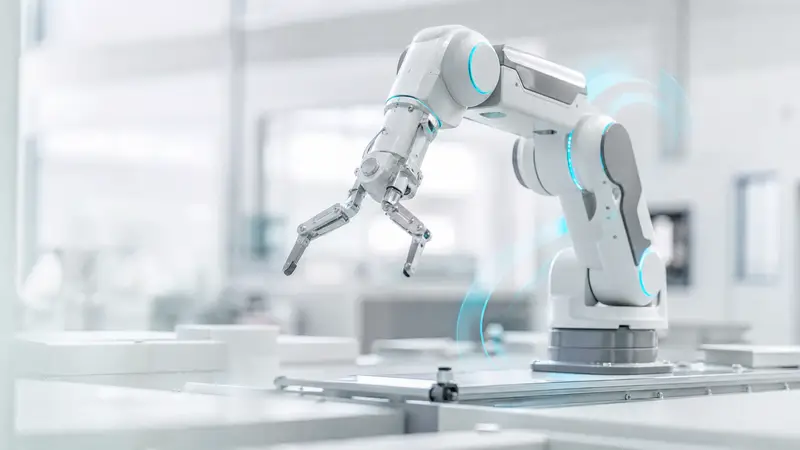 Robotic arm in a dark factory with cyan lighting and digital overlays.